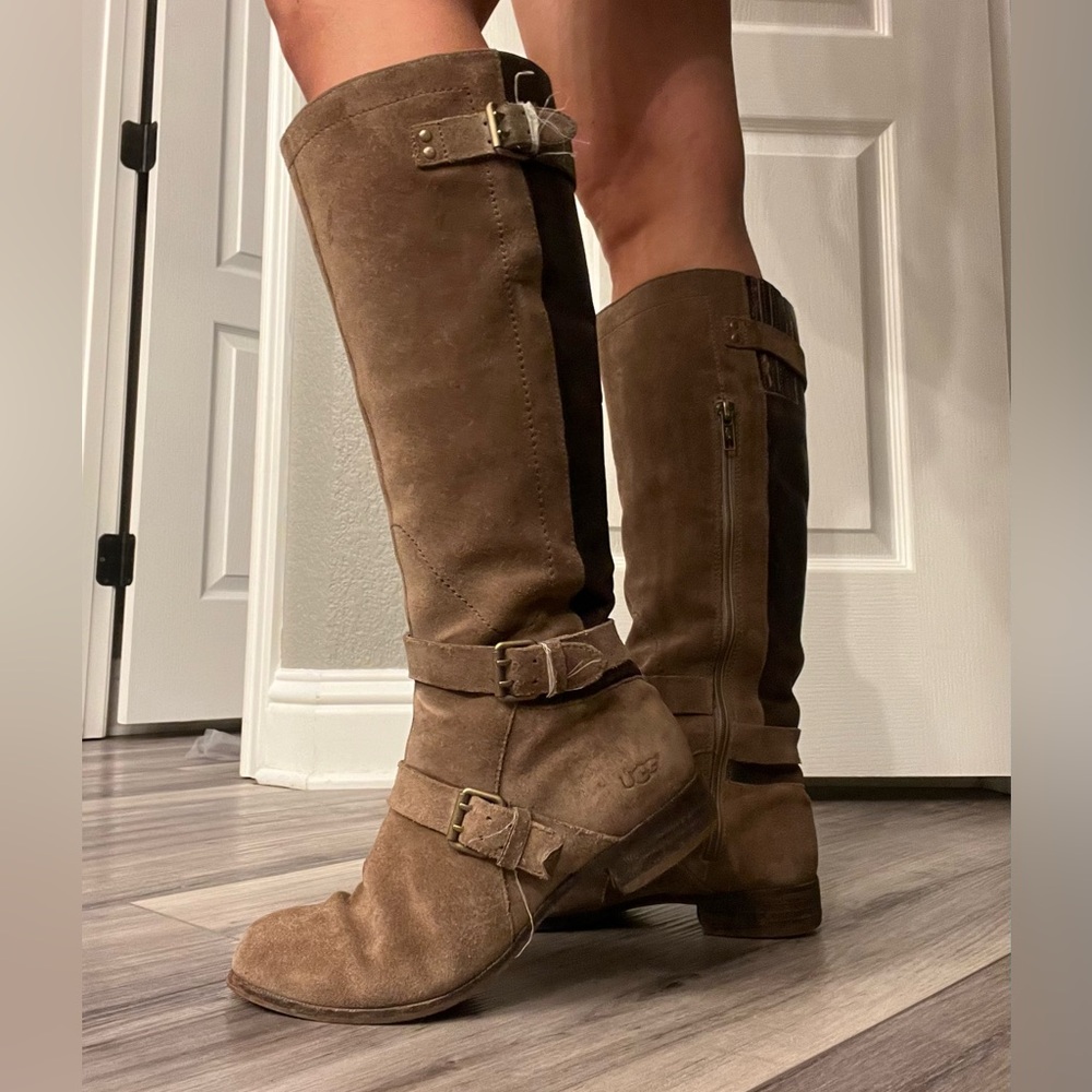 UGG Australia Leigh Riding Boots Brown Distressed Leather Tall Side Zip Size 7